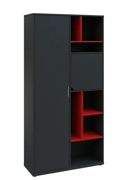 KSR6-83 L skříň šatní, 1x výsuvné ramínko, dvířka, niky, 2053x1022x400 mm, provedení levé, korpus a dvířka antracit/police červená